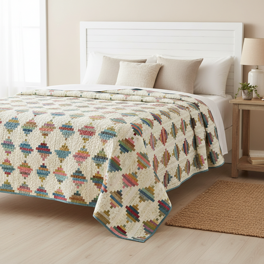 A quilted bedspread with a colorful geometric patchwork pattern is styled on a bed in a bright, modern bedroom. The cream-colored quilt features repeating multicolor diamond and pixel-like motifs in shades of blue, green, red, and brown.