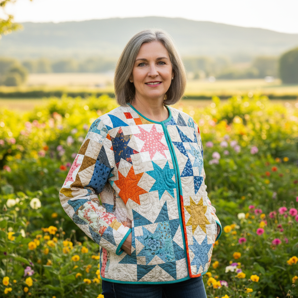 Woman wearing a colorful quilted jacket standing in a field of flowers with mountains in the background