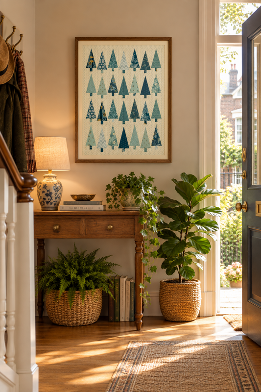 A framed art print featuring a grid of stylized pine trees in various shades of blue and green, displayed on a beige wall in a beautifully styled entryway with a wooden console table, potted plants, and a warm lamp.