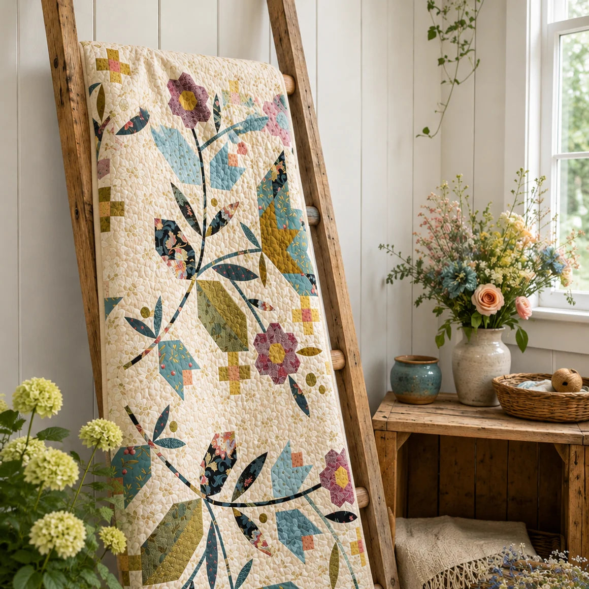 A vintage-style floral quilt with a cream background and multicolor botanical patterns, draped over a rustic wooden ladder in a bright, cozy room with a side table and flowers.
