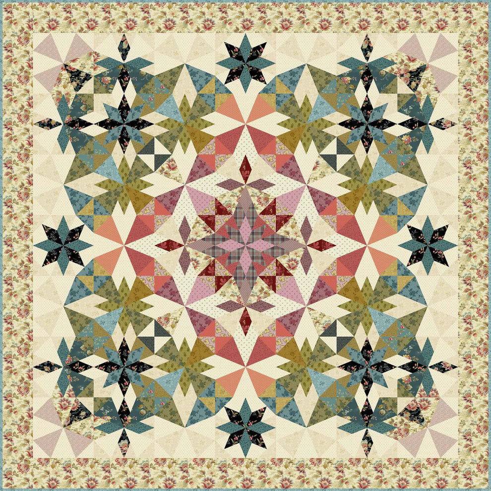 Quilt with geometric star pattern and floral border