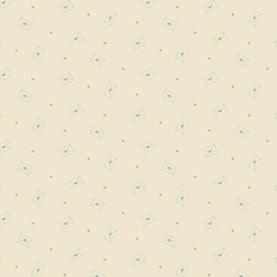 A repeating pattern of light blue envelope icons and small gold dots on a warm beige background.