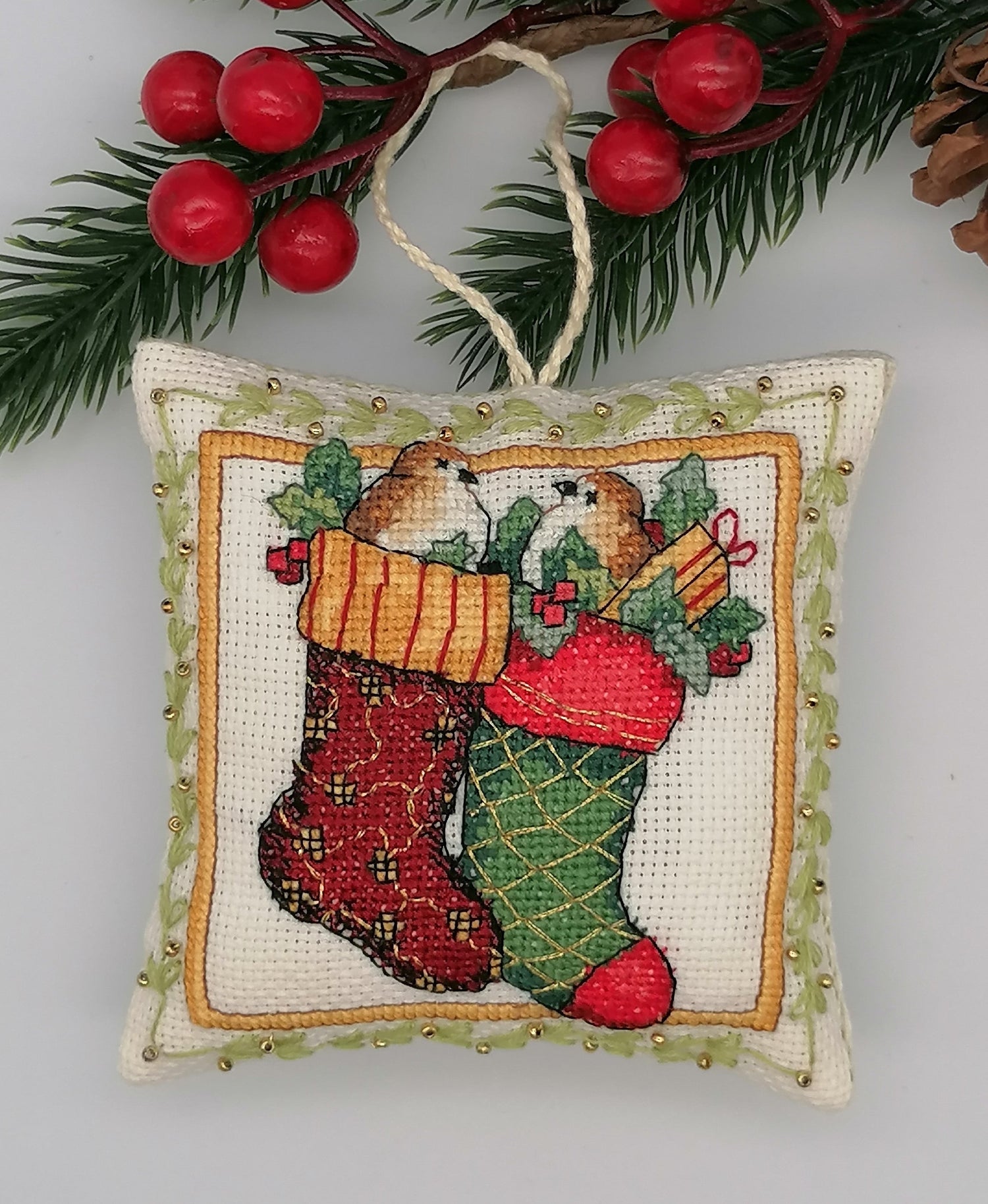 Small handmade cross stitch decoration, perfect for tree or home décor