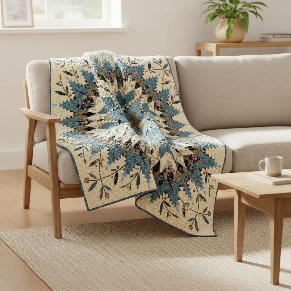 A quilted throw blanket with a blue and beige botanical pattern draped over a light beige sofa in a bright, modern living room.