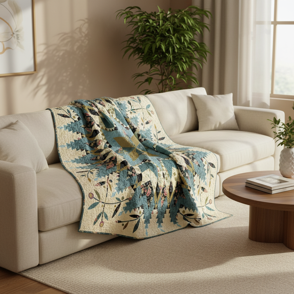 A patterned throw blanket draped over a cream-colored sofa in a bright, modern living room setting.