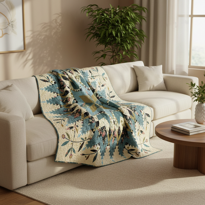 A patterned throw blanket draped over a cream-colored sofa in a bright, modern living room setting.