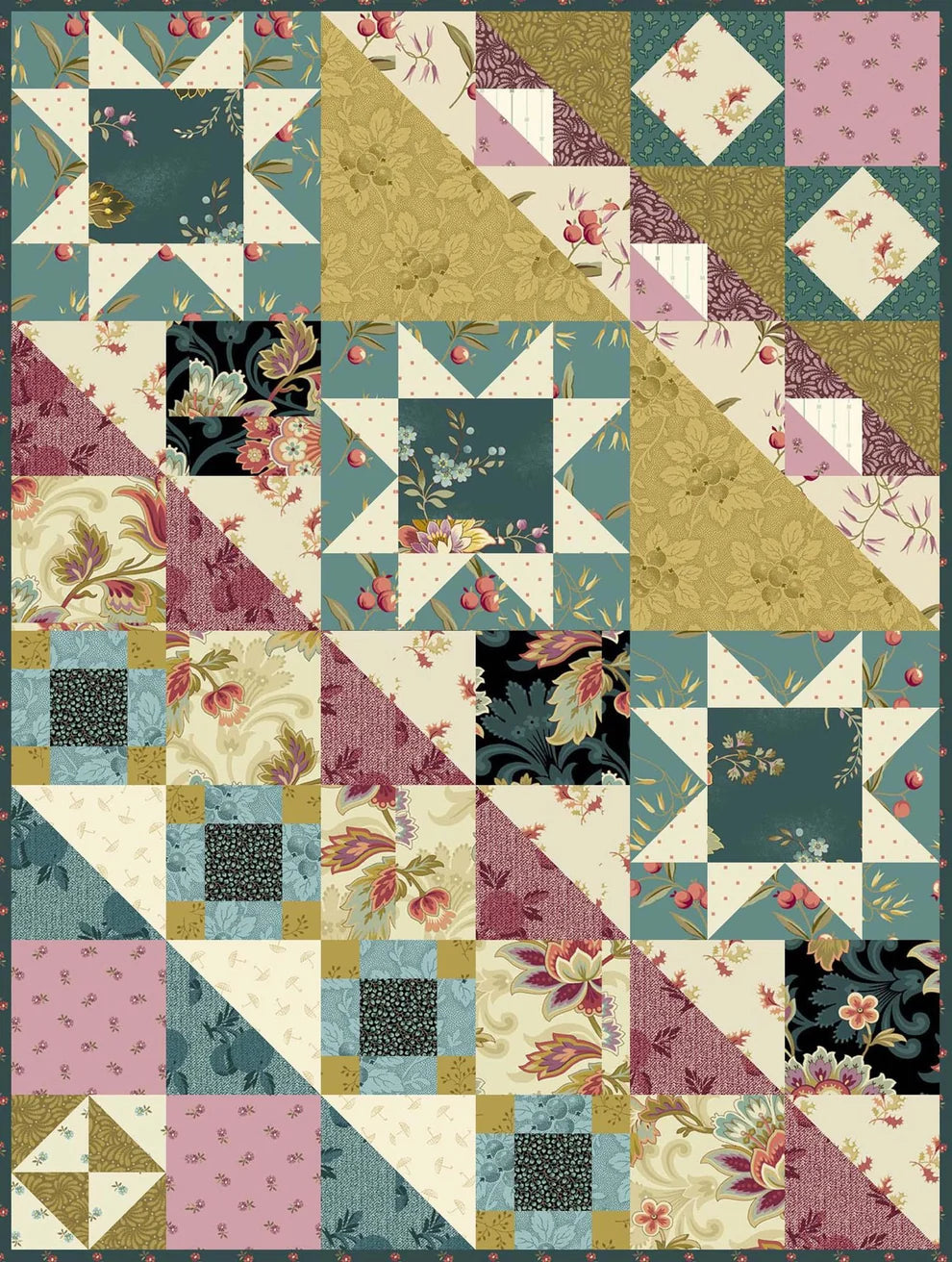 A vintage-style quilt pattern featuring a patchwork design with floral prints, geometric triangles, and diagonal stripes in muted teal, dusty pink, cream, burgundy, and olive green.