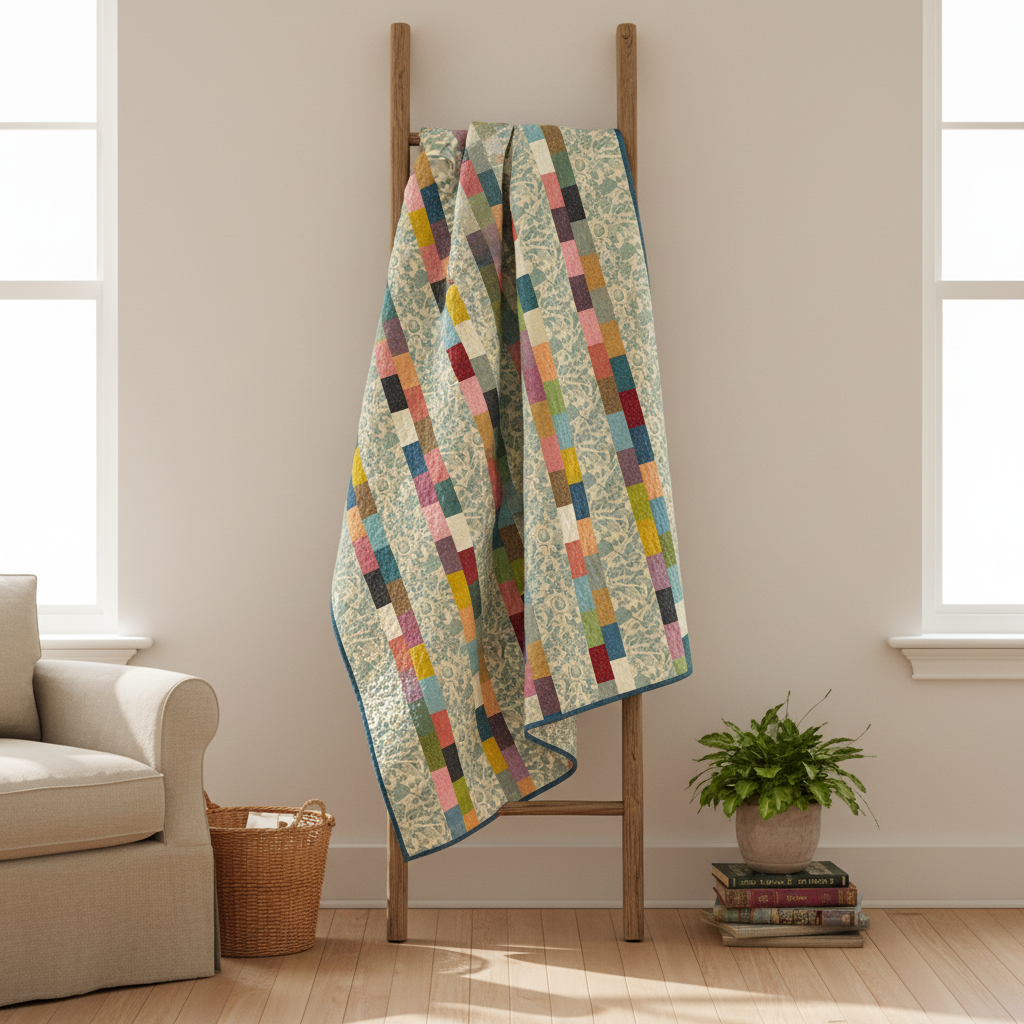 A quilted throw blanket with a multicolor patchwork design and a sage green floral patterned background, draped over a wooden ladder in a bright, modern living room.