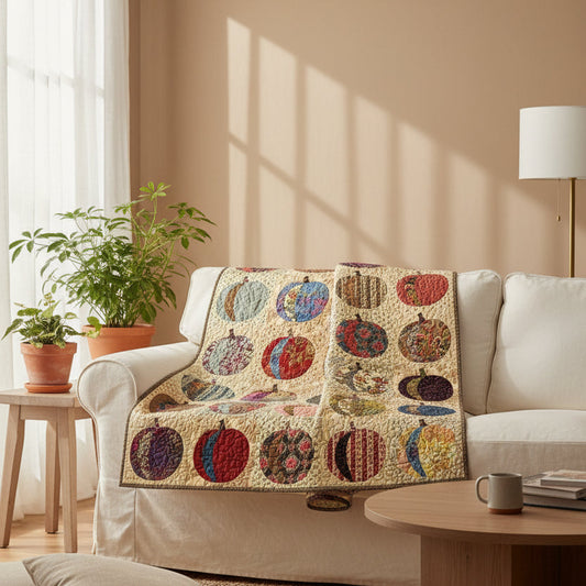A cream-colored quilted throw blanket with colorful circular patchwork motifs is draped over a white sofa in a warm, modern living room setting.