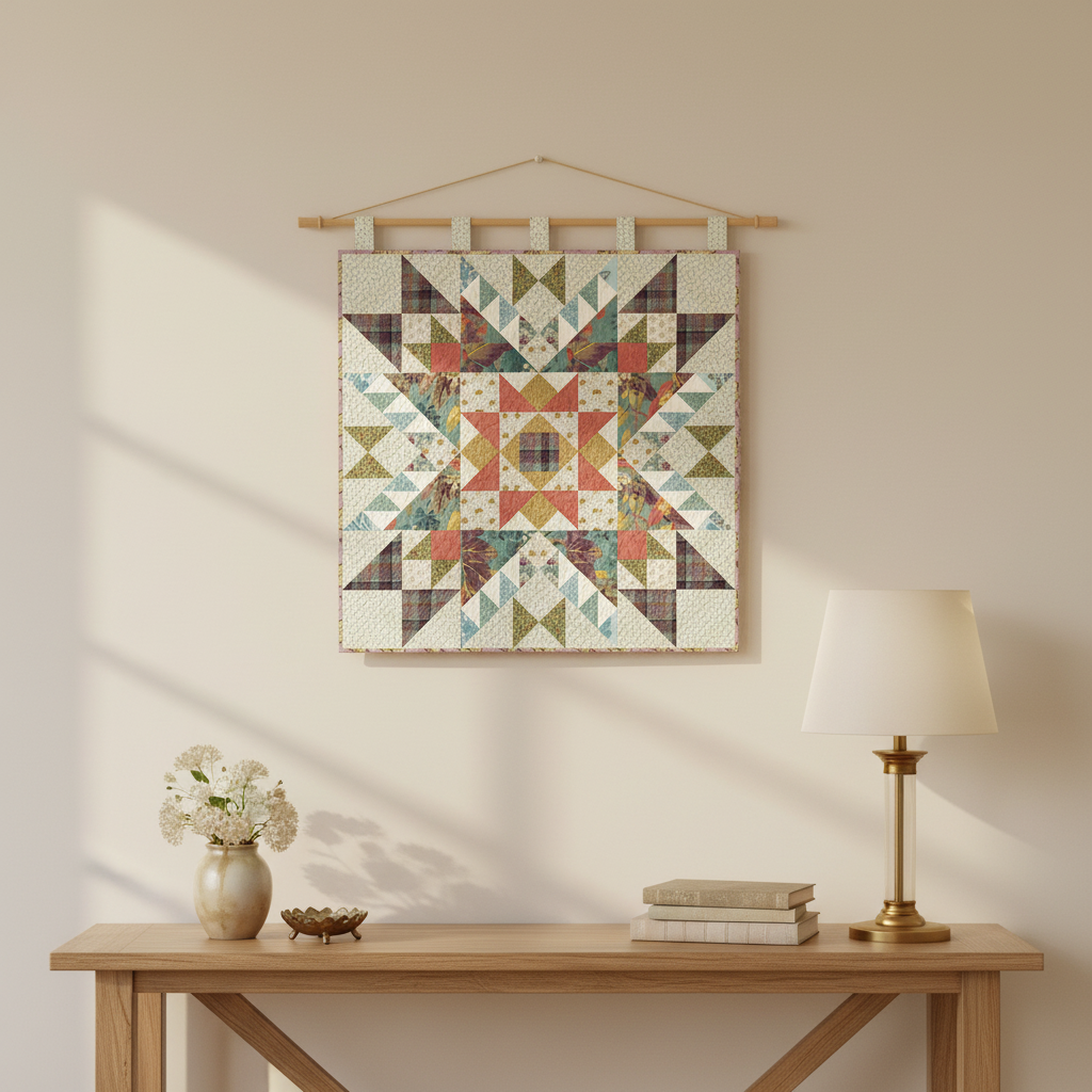 A square quilted wall hanging with a colorful geometric starburst pattern hangs on a light beige wall above a wooden console table. The quilt features cream, green, blue, orange, and brown blocks.