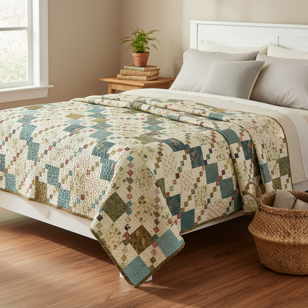 A quilted patchwork blanket with a geometric diamond pattern in teal, beige, brown, and muted green tones, styled on a bed in a warm, neutral-toned bedroom.
