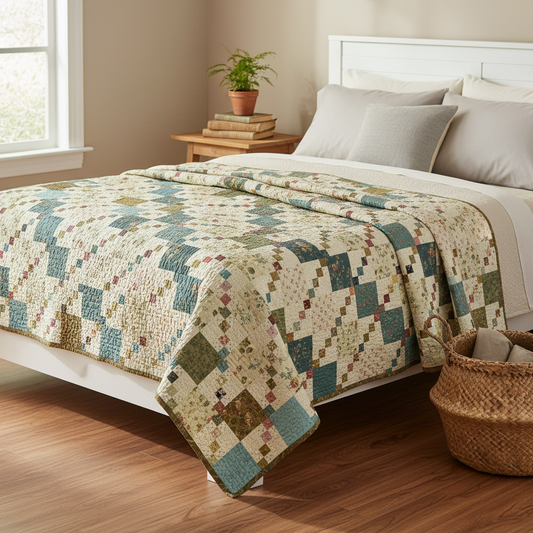 A quilted patchwork blanket with a geometric diamond pattern in teal, beige, brown, and muted green tones, styled on a bed in a warm, neutral-toned bedroom.