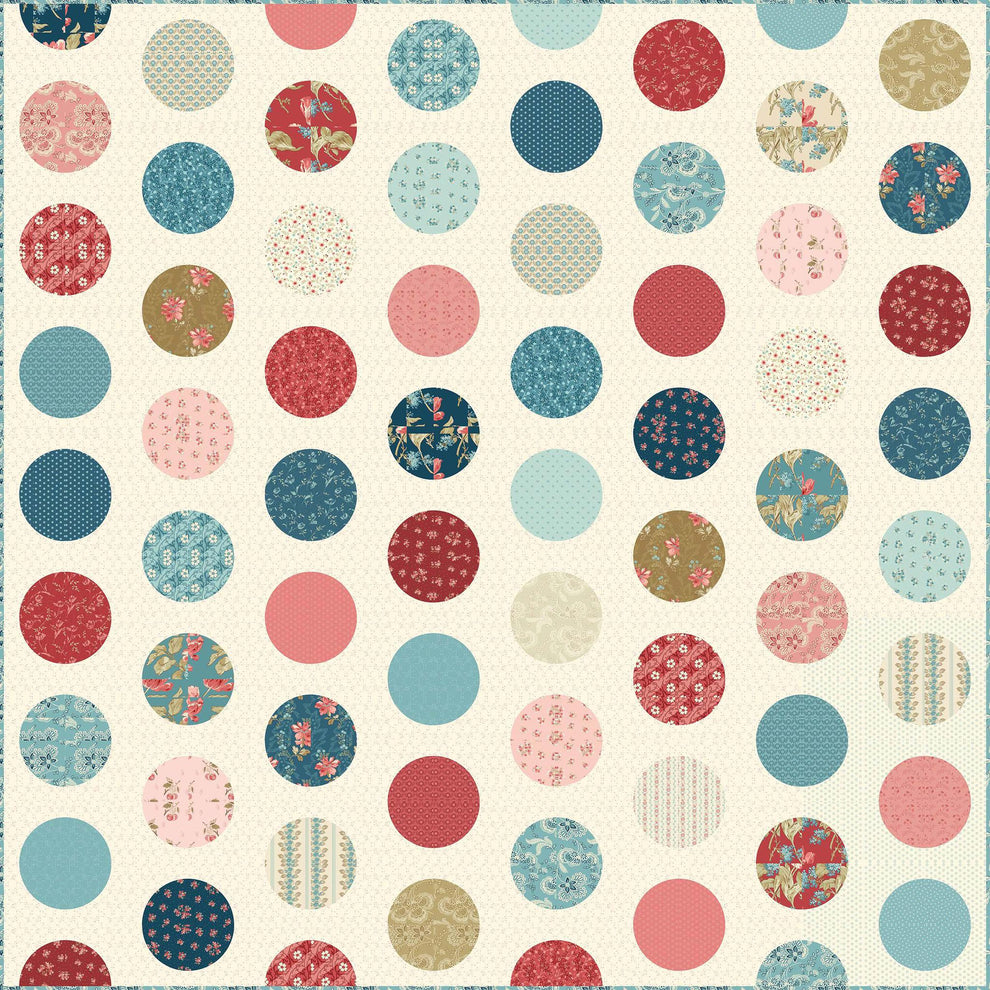 Patterned fabric with colorful circles on a beige background