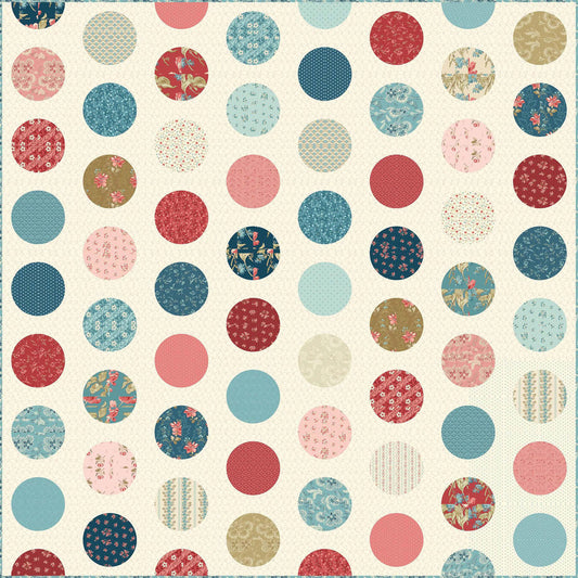 Patterned fabric with colorful circles on a beige background