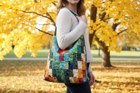 Colorful quilted handbag hanging on a tree branch with autumn leaves in the background