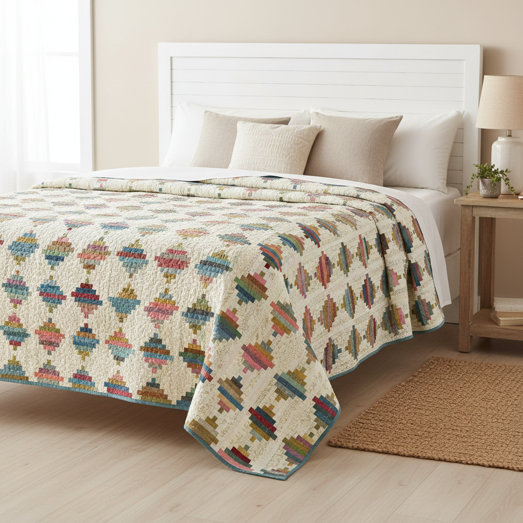 A quilted bedspread with a colorful geometric patchwork pattern is styled on a bed in a bright, modern bedroom. The cream-colored quilt features repeating multicolor diamond and pixel-like motifs in shades of blue, green, red, and brown.