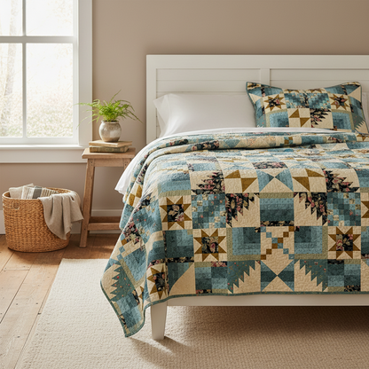 A quilted patchwork bedding set with a matching pillowcase styled on a white wooden bed frame in a bright, neutral bedroom setting.