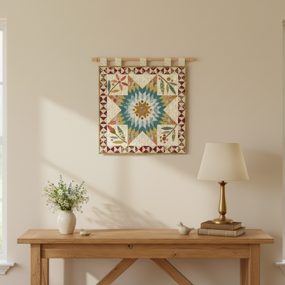 A square quilted wall hanging with a geometric floral pattern in teal, cream, rust, and olive, suspended from a wooden rod above a wooden console table with a lamp and vase in a softly lit room.