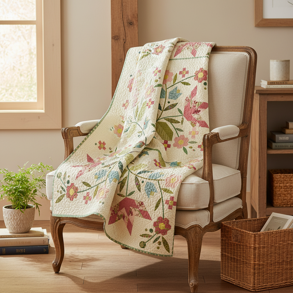 A floral quilted throw blanket draped over a cream upholstered wooden armchair in a warm, rustic living room setting.