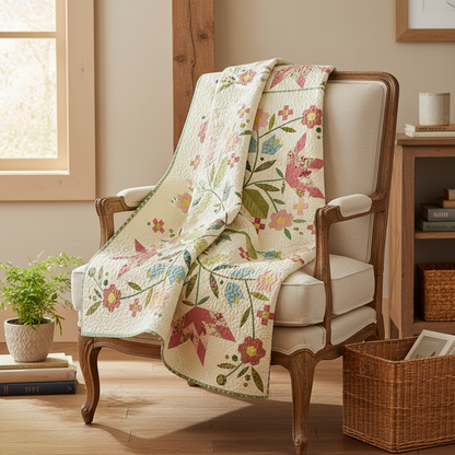 A floral quilted throw blanket draped over a cream upholstered wooden armchair in a warm, rustic living room setting.