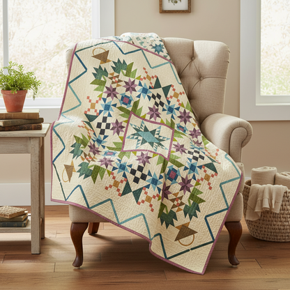 A multicolor quilted throw blanket with a geometric star pattern and basketweave border draped over a beige armchair in a cozy, sunlit living room.