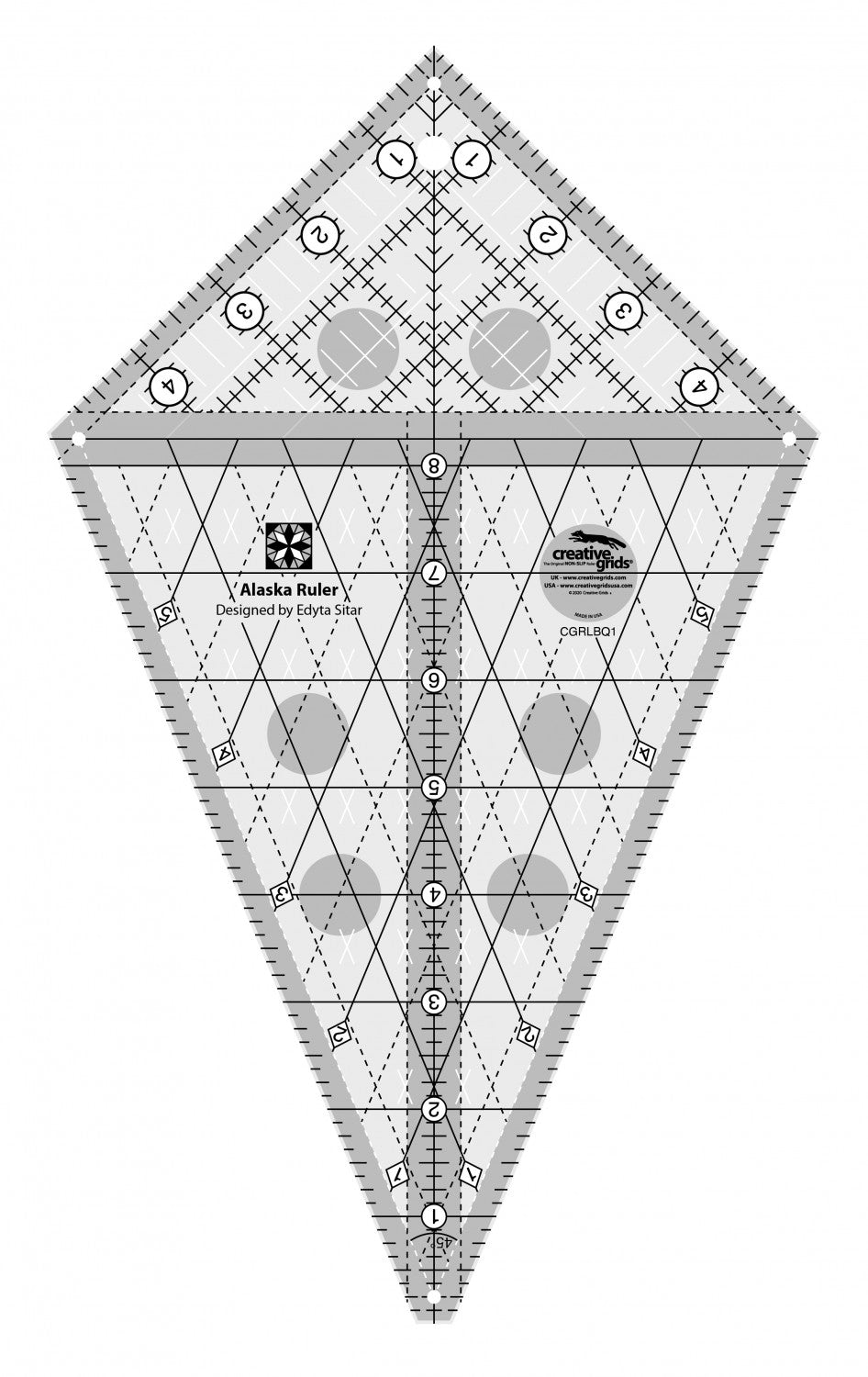 Quilting ruler with geometric design on a white background