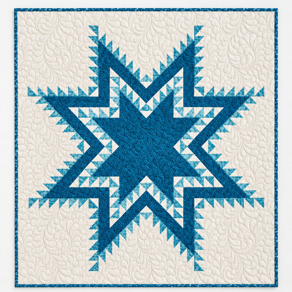 A blue and cream quilted wall hanging with a large geometric star motif is displayed on a white wall above a wire basket holding matching folded quilts in blue and cream tones.
