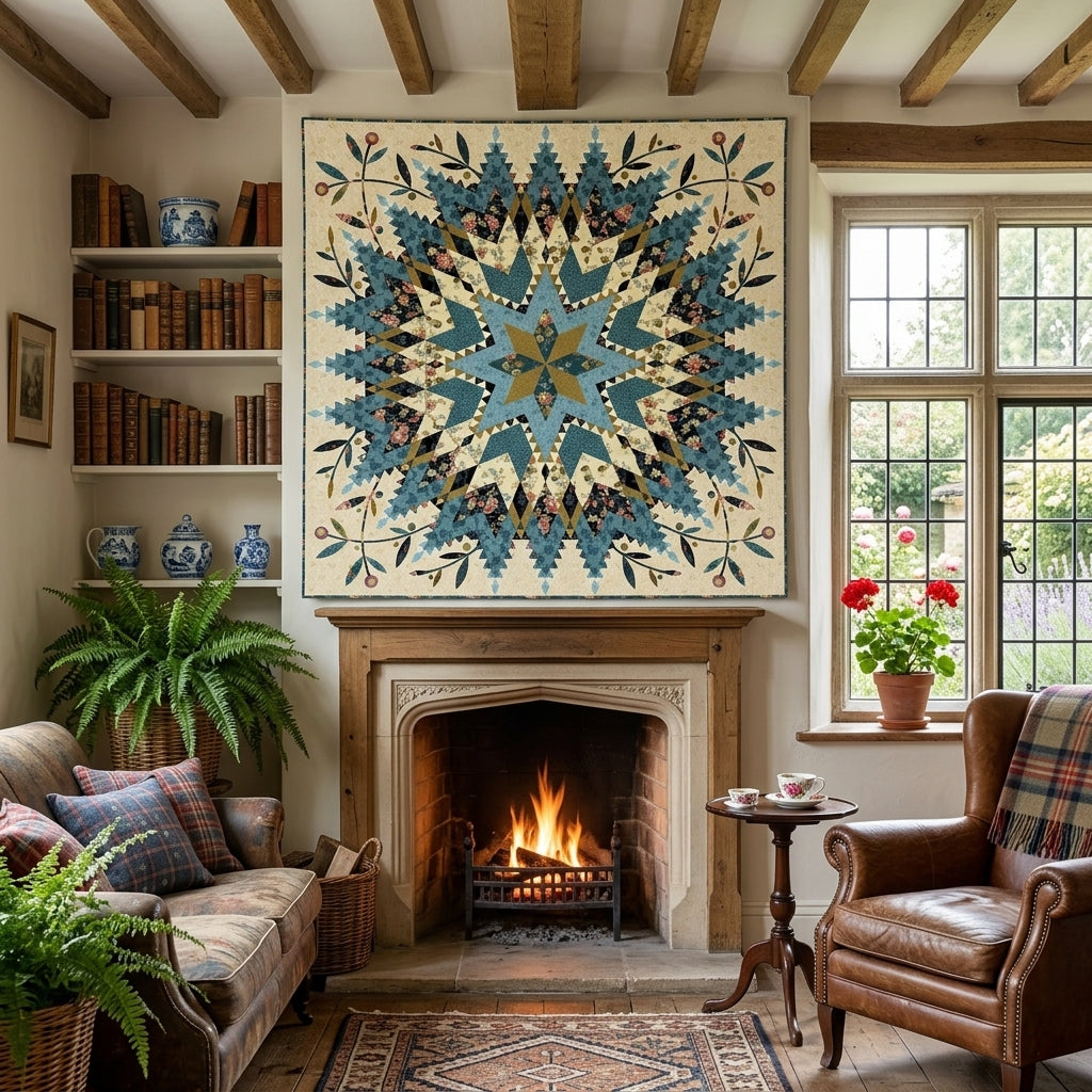 A large square wall hanging or tapestry with a blue, beige, and brown geometric floral pattern is displayed above a fireplace in a cozy, rustic living room with leather chairs, a burning fire, bookshelves, and a window.