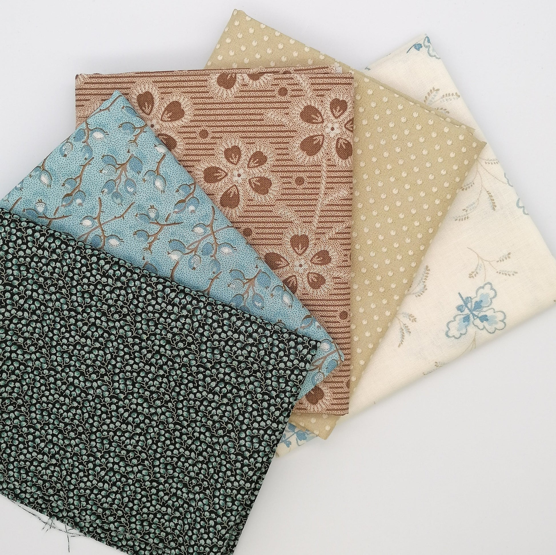 Fat Quarter Bundle LBQ16 - 5 fat quarters fanned showing duck egg blue berry print, dusty rose stripe, cream floral, tan dot, and dark charcoal from Laundry Basket Quilts
