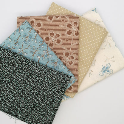 Fat Quarter Bundle LBQ16 - 5 fat quarters fanned showing duck egg blue berry print, dusty rose stripe, cream floral, tan dot, and dark charcoal from Laundry Basket Quilts