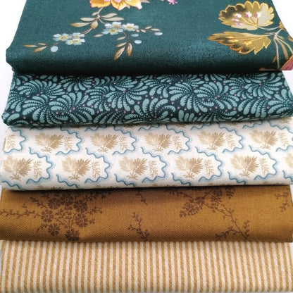 Fat Quarter Bundle LBQ18 - close up detail of forest green floral, teal paisley, cream botanical and mustard gold fat quarters