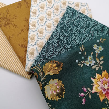 Fat Quarter Bundle LBQ18 - fanned arrangement showing all 5 fat quarters including large green floral and teal paisley prints