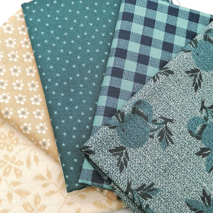 Fat Quarter Bundle LBQ19 - close up detail of teal gingham, star dot and botanical tonal fat quarters