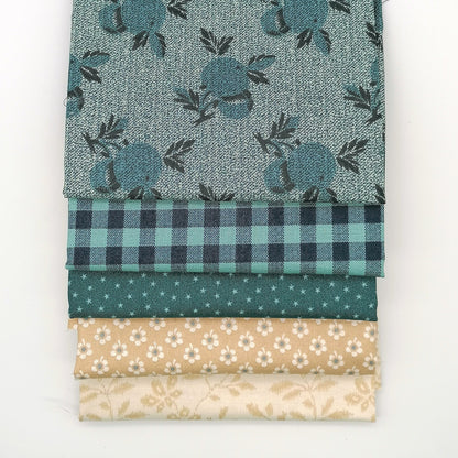 Fat Quarter Bundle LBQ19 - stacked flat lay showing all 5 fat quarters including teal botanical, gingham, deep teal dot, sand floral and cream vine