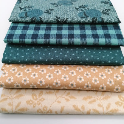 Fat Quarter Bundle LBQ19 - fanned arrangement showing teal star dot, gingham, botanical tonal, sand ditsy floral and cream vine fat quarters from Laundry Basket Quilts