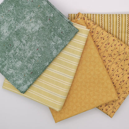 Fat Quarter Bundle LBQ20 - fanned arrangement showing all 5 fat quarters including sage tonal, yellow stripe, mustard gold geometric, burgundy floral vine and cream stripe