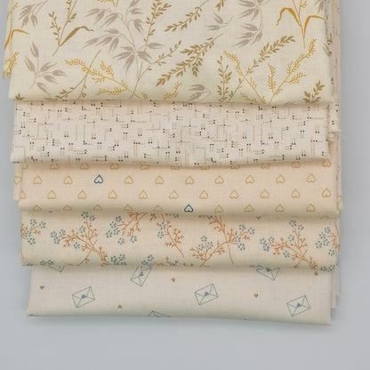 Fat Quarter Bundle LBQ21 - close up detail of cream botanical grasses, blush cross-stitch grid, and heart print fat quarters