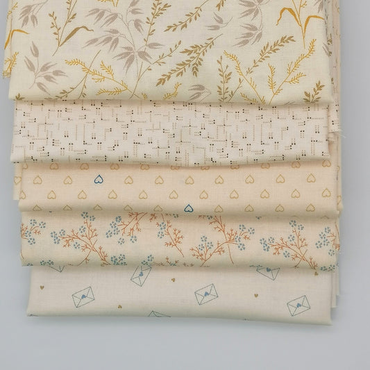 Fat Quarter Bundle LBQ21 - close up detail of cream botanical grasses, blush cross-stitch grid, and heart print fat quarters