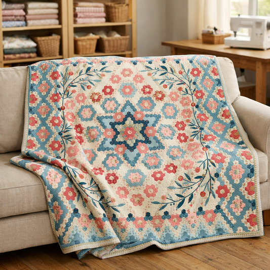 hexagon epp quilt draped on a couch