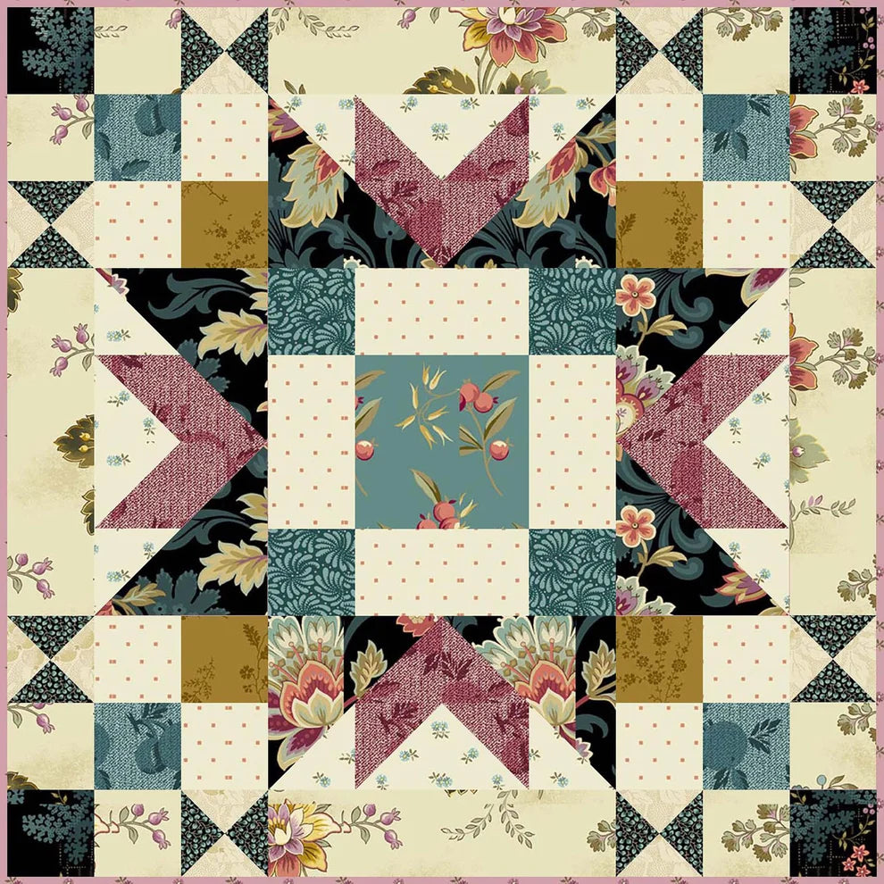 A square quilt pattern or fabric design featuring a geometric starburst layout with floral and patterned fabric blocks in cream, dusty pink, teal, mustard, and black.