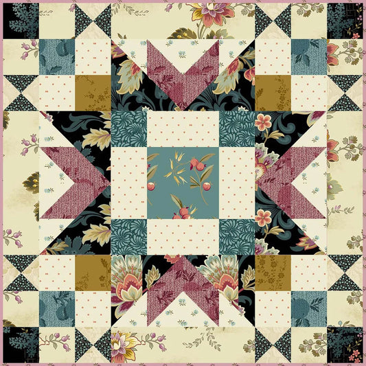 A square quilt pattern or fabric design featuring a geometric starburst layout with floral and patterned fabric blocks in cream, dusty pink, teal, mustard, and black.