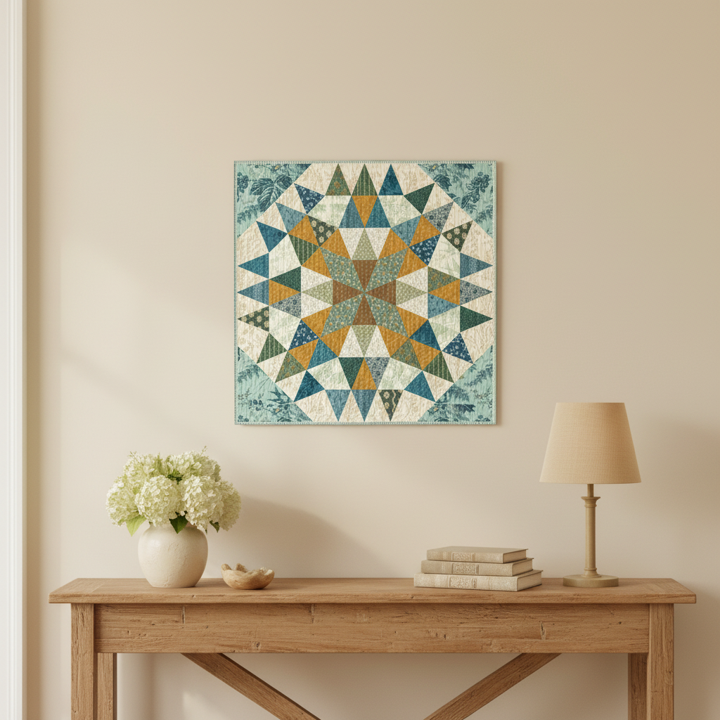 A square wall art print featuring a geometric starburst quilt pattern in shades of blue, teal, mustard, and cream, displayed on a beige wall above a wooden console table with a vase of flowers and a lamp.