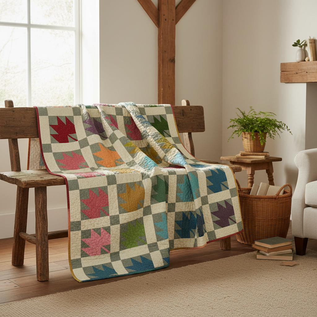 A colorful patchwork quilt with geometric and leaf-like blocks draped over a rustic wooden bench in a bright, modern farmhouse-style room with wood beams, a potted fern, and a wicker basket.