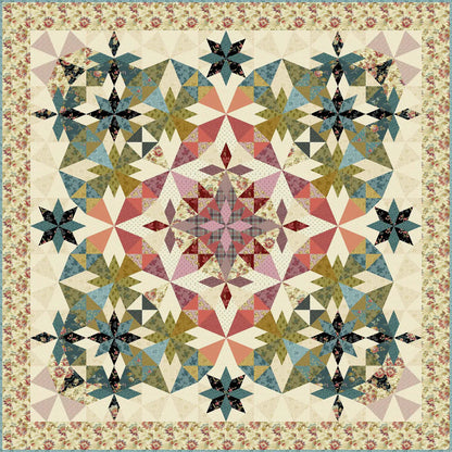 Quilt with geometric star pattern and floral border