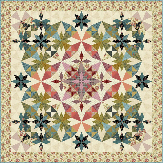Quilt with geometric star pattern and floral border