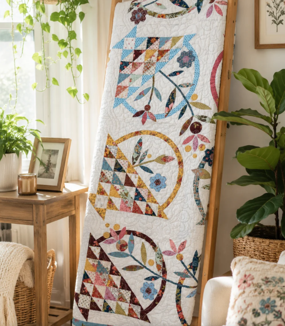 A colorful patchwork quilt with floral and geometric motifs, displayed on a wooden frame in a bright, plant-filled room.