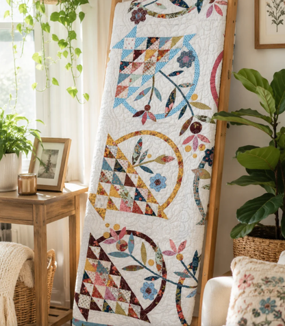 A colorful patchwork quilt with floral and geometric motifs, displayed on a wooden frame in a bright, plant-filled room.