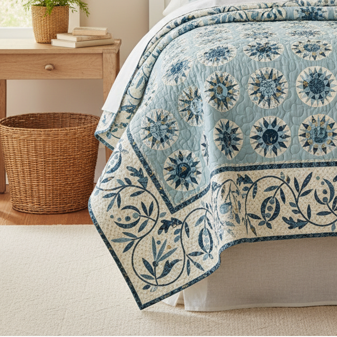 A light blue and cream quilted comforter with a floral medallion pattern and ornate border, styled on a bed in a bright, neutral bedroom.