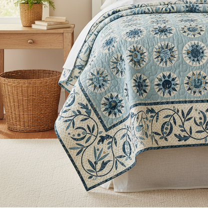A light blue and cream quilted comforter with a floral medallion pattern and ornate border, styled on a bed in a bright, neutral bedroom.