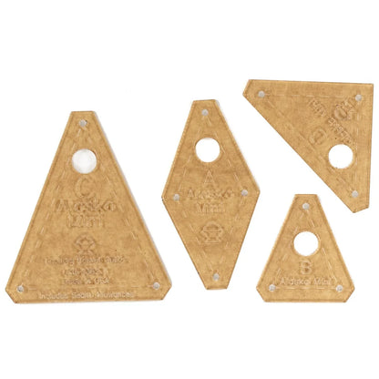 Four acrylic templates in different sizes for the mini alska quilt with pre-drilled holes for accurate piecing.